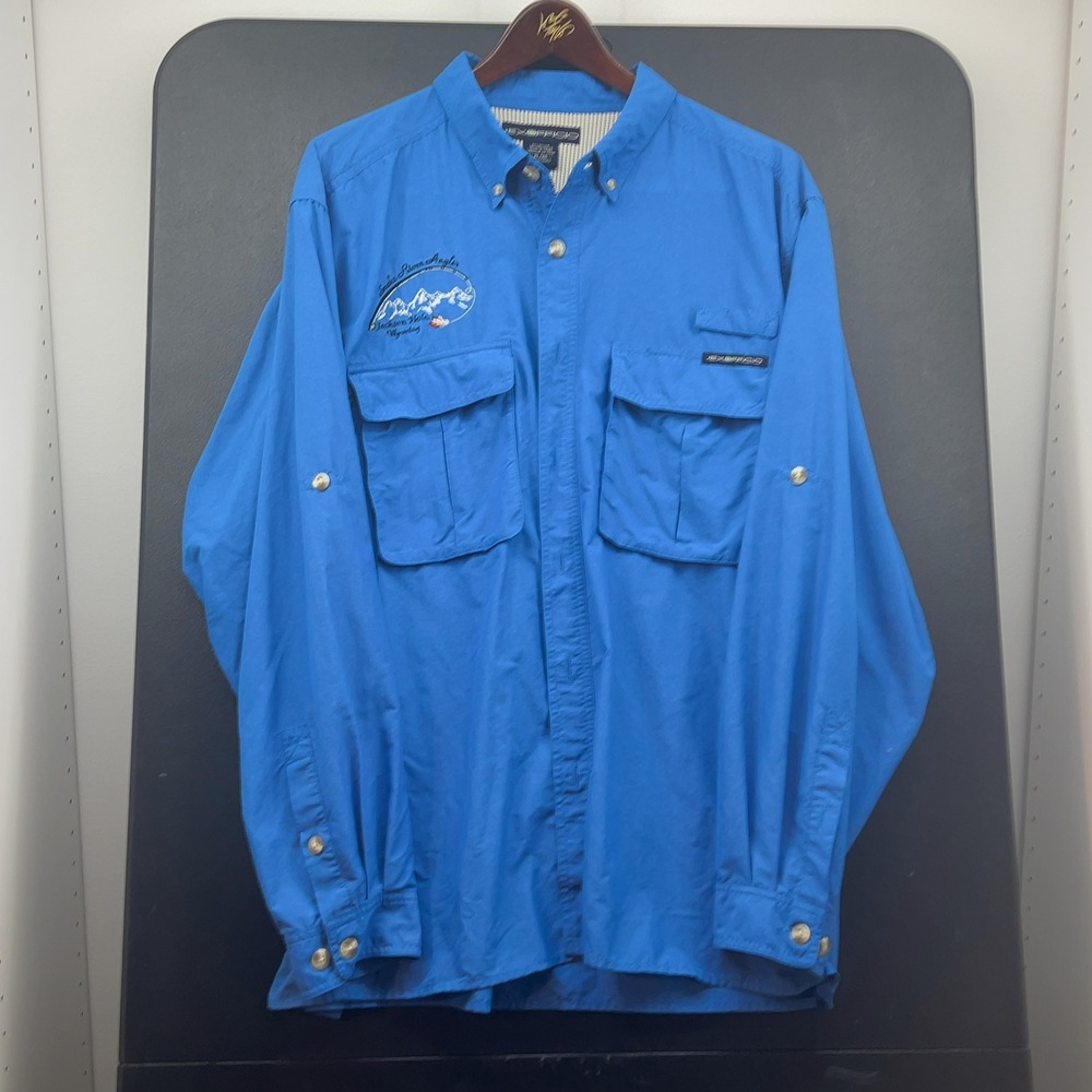 ExOfficio Mens Fishing Shirt XL Blue Snake River Angler Jackson Hole Wyoming L/S